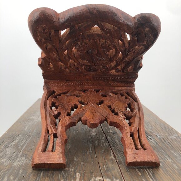 Vintage Teak Wood Book Stand Holder Hand Carved Kitchen Stand Fall Floral Leaf - Picture 3 of 10
